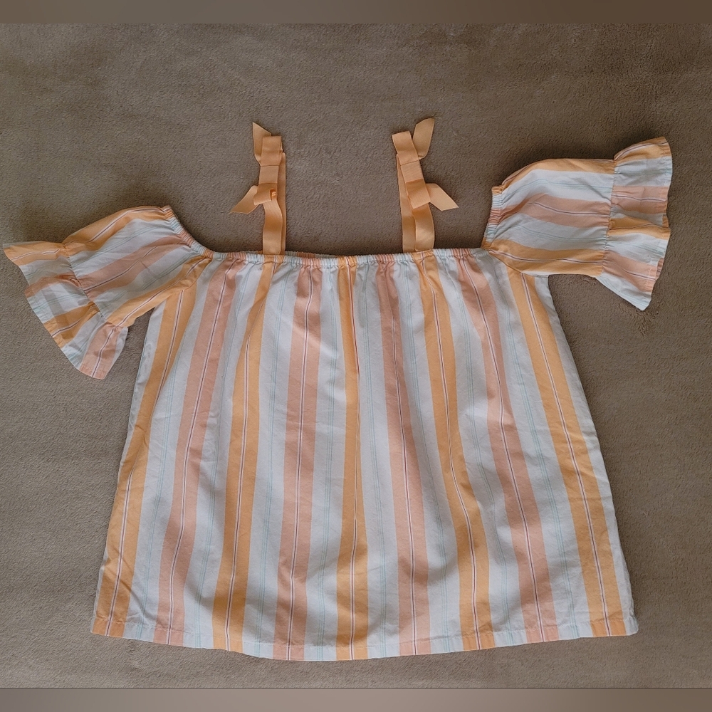 Janie Jack Peach Striped off shoulder top grosgrain ribbon straps Size 12